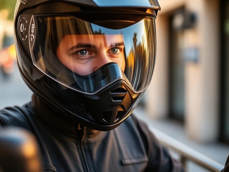 Motociclista fechando a viseira de um capacete limpo