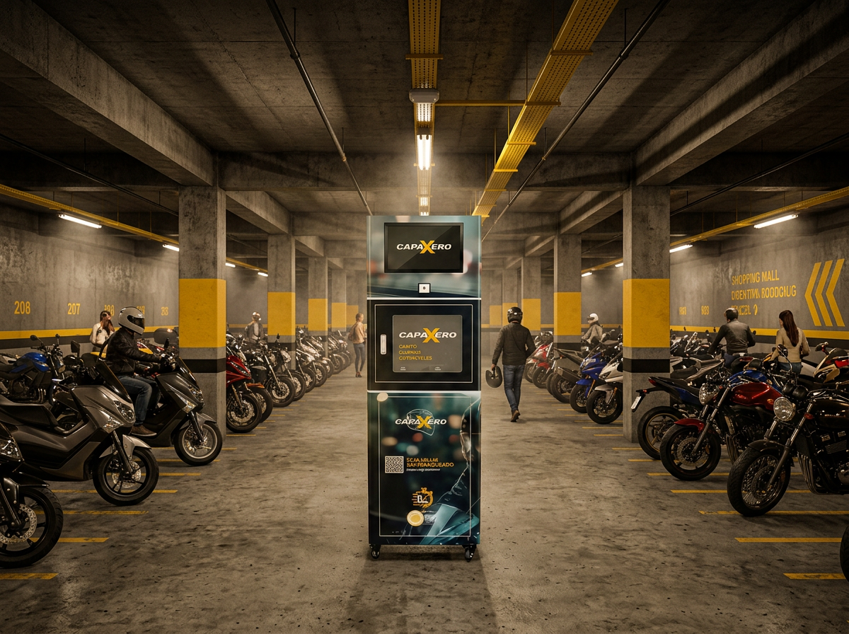 Máquina Capaxero em estacionamento coberto de motos