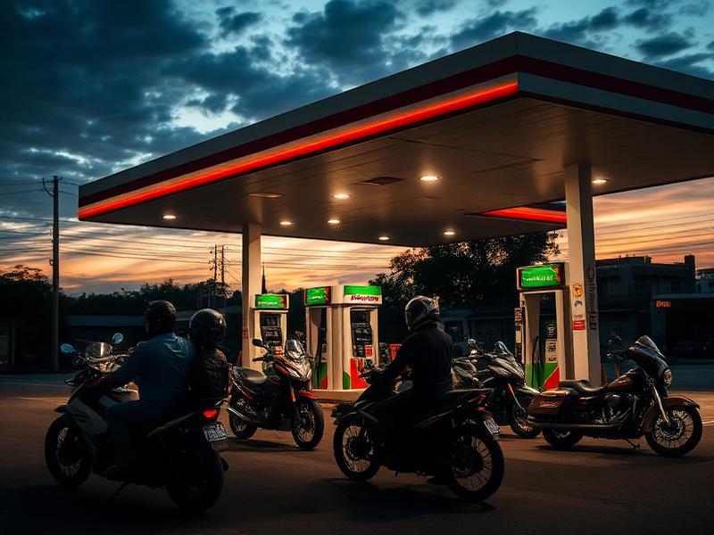 Motociclistas em um posto de combustível